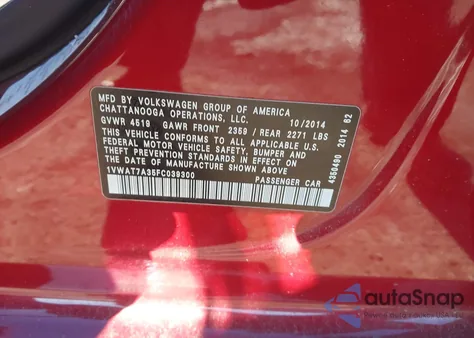 2015 Volkswagen Passat 1.8T Wolfsburg Edition z USA, uszkodzony, nr VIN 1VWAT7A35FC039300